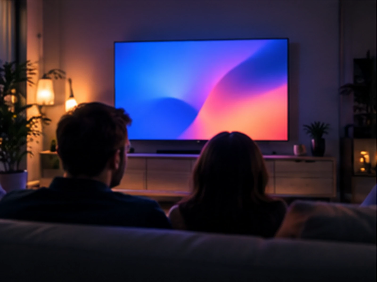 Two people watching an ad on a large TV