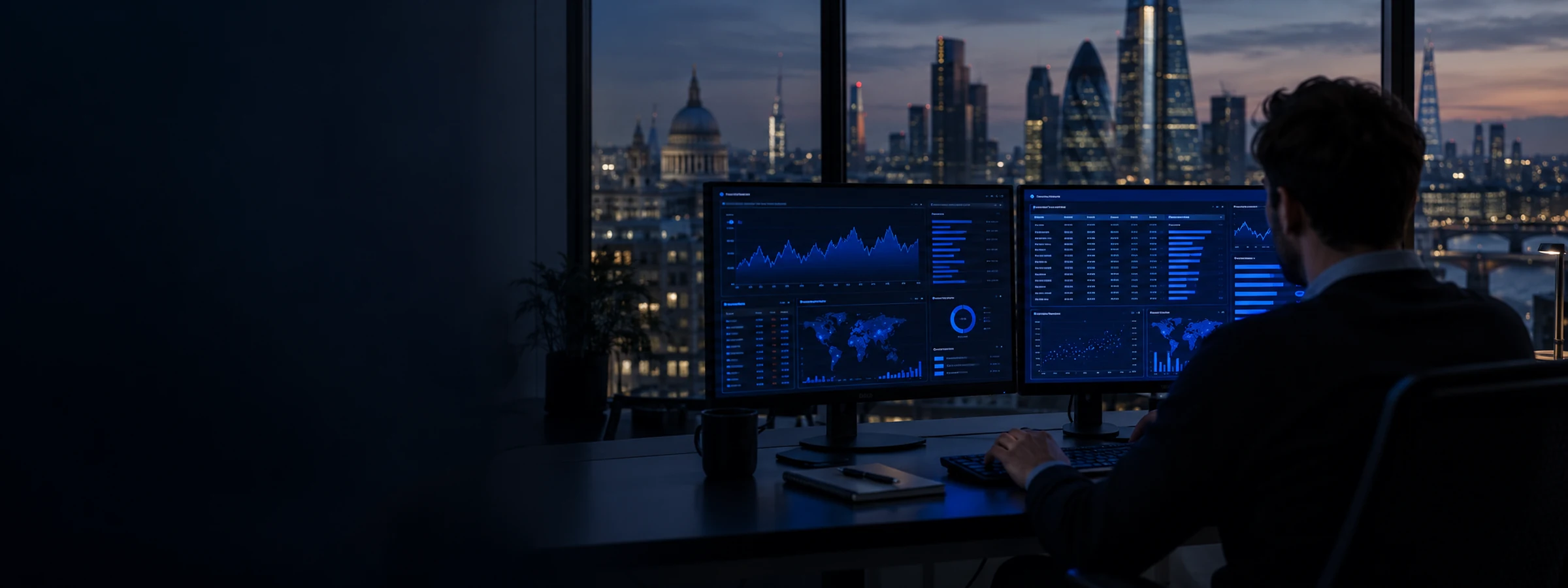 Trader reviewing a deal dashboard at dusk