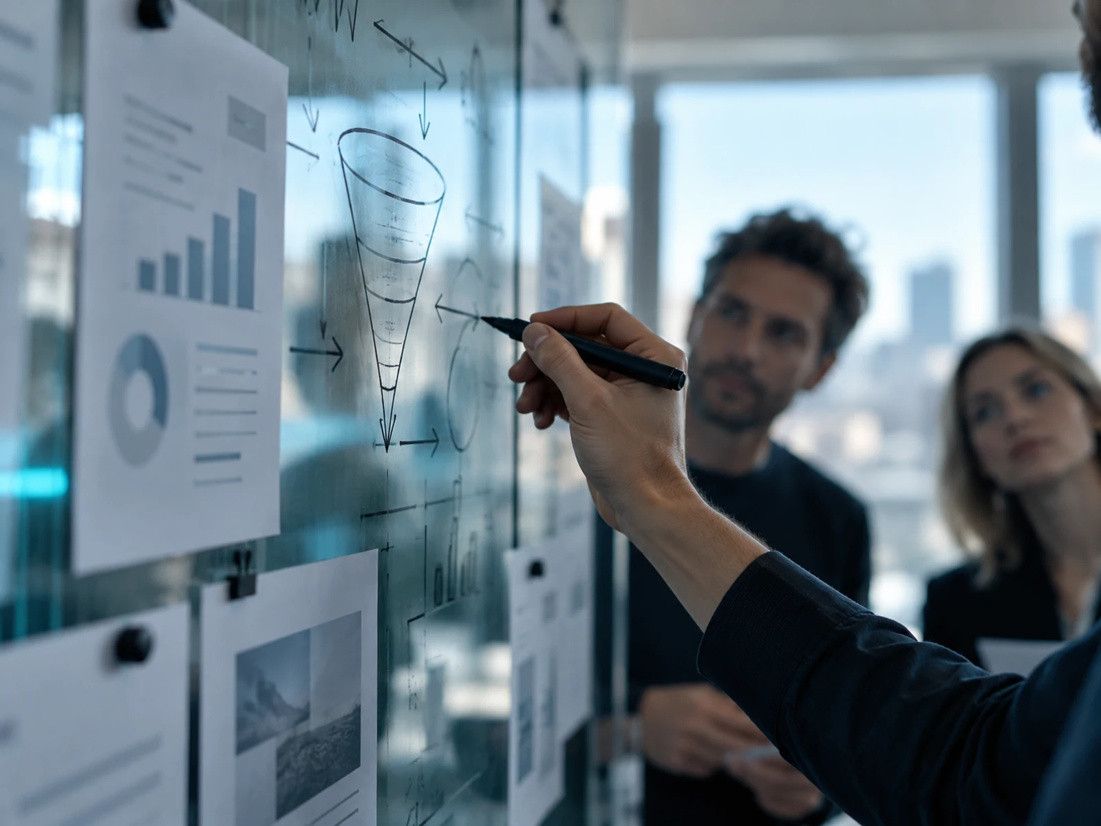 A planner sketching a campaign funnel on a glass wall with two colleagues