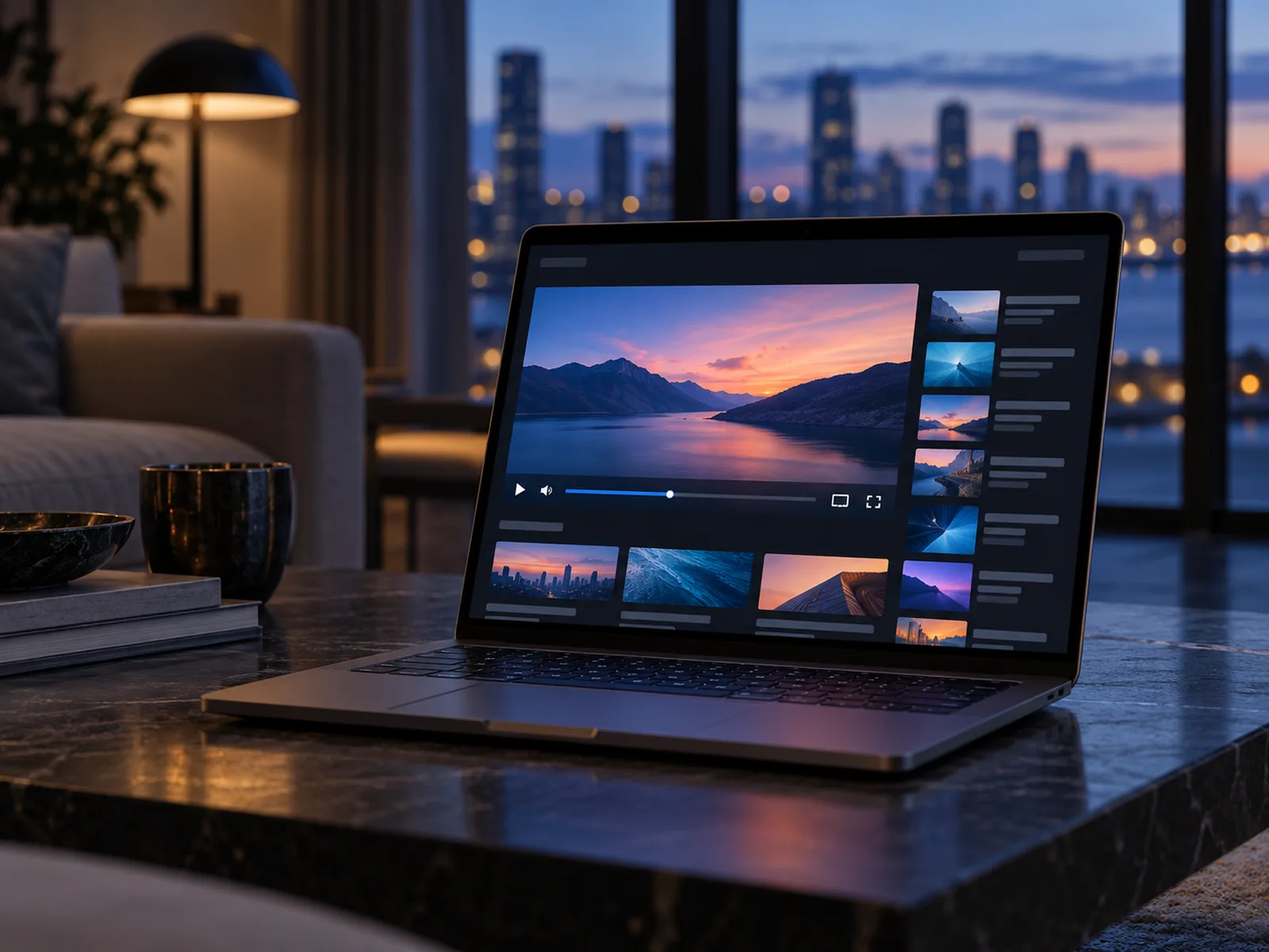 Laptop playing a video in a living room at dusk