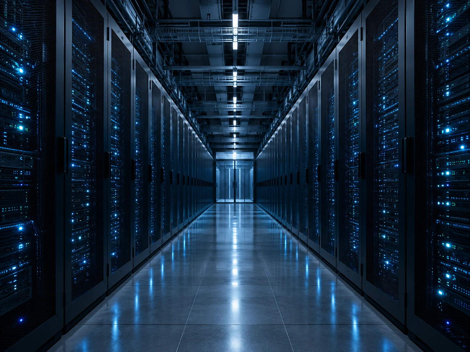 Server aisle lit in blue